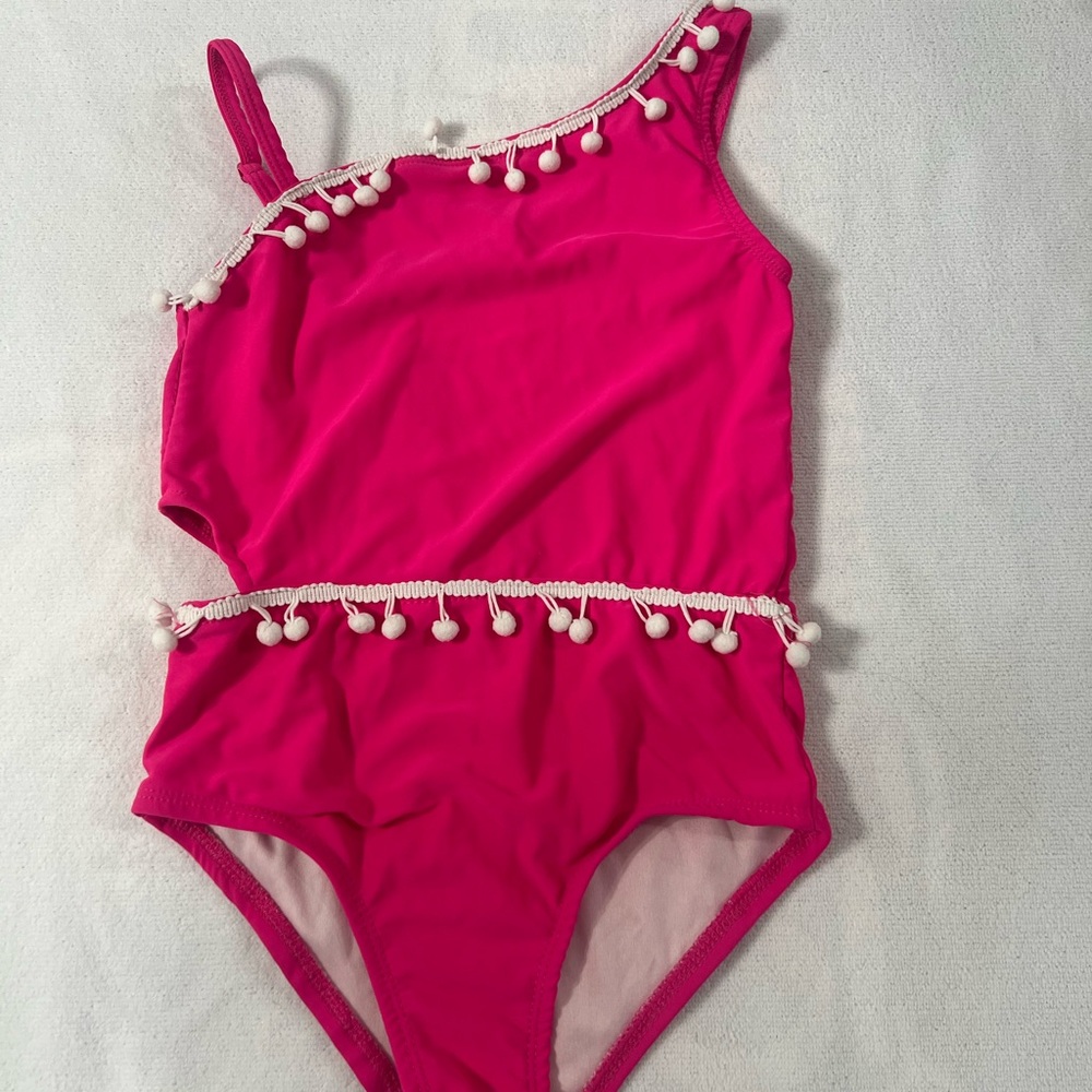 Betsey Johnson Pink and White One Piece Swimsuit with Pom-Pom Trim